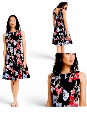 White House Black Market Floral Print Scuba Knit Fit and Flare Cut Dress Size 8